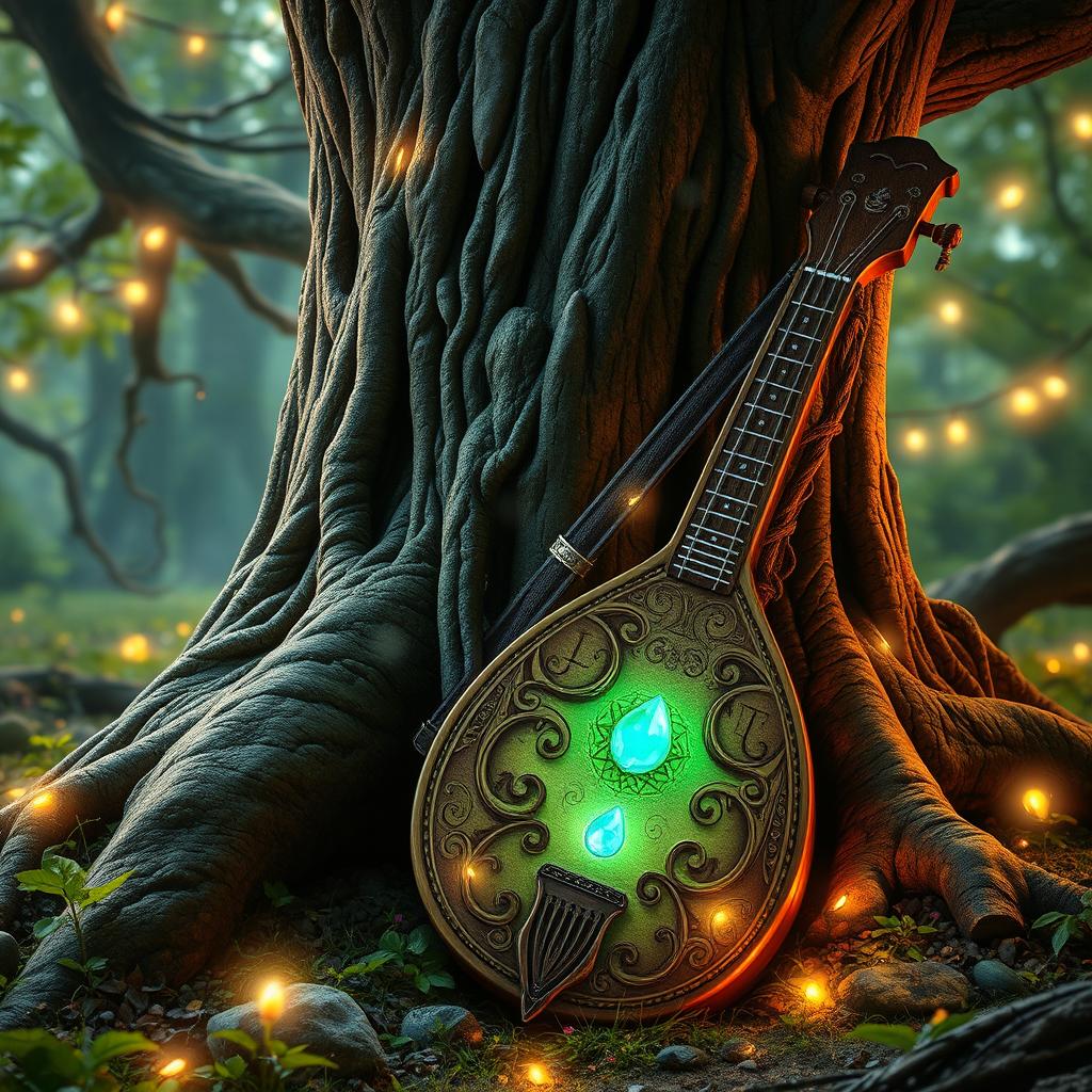 A mystical D&D-inspired scene featuring an enchanted lute, intricately carved with runes and adorned with glowing gemstones