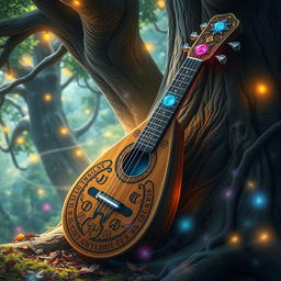 A mystical D&D-inspired scene featuring an enchanted lute, intricately carved with runes and adorned with glowing gemstones