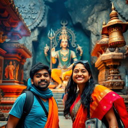 Two friends on an adventure in India, exploring the lush landscapes and vibrant cities, searching for a historical Hindu temple dedicated to Lord Shiva