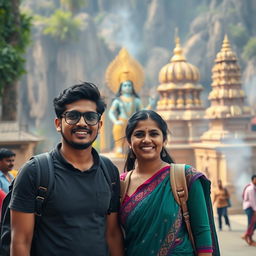 Two friends on an adventure in India, exploring the lush landscapes and vibrant cities, searching for a historical Hindu temple dedicated to Lord Shiva