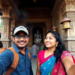 Two friends on an adventure in India, exploring the lush landscapes and vibrant cities, searching for a historical Hindu temple dedicated to Lord Shiva