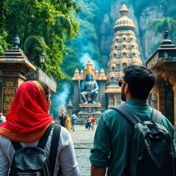 Two friends on an adventure in India, exploring the lush landscapes and vibrant cities, searching for a historical Hindu temple dedicated to Lord Shiva