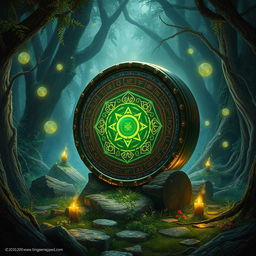 A captivating D&D scene depicting a magical drum, adorned with mystical symbols and glowing runes