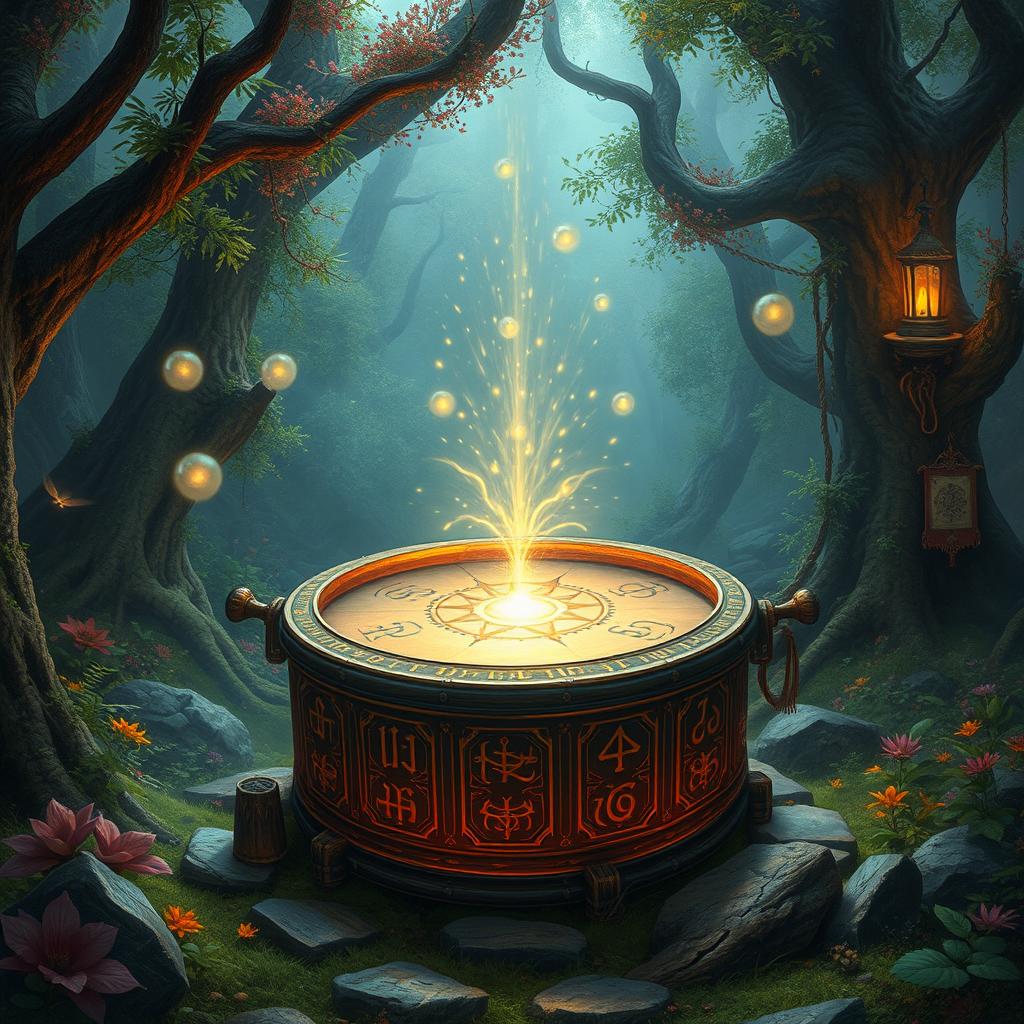 A captivating D&D scene depicting a magical drum, adorned with mystical symbols and glowing runes