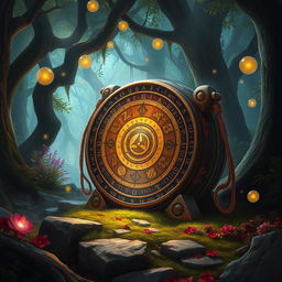 A captivating D&D scene depicting a magical drum, adorned with mystical symbols and glowing runes