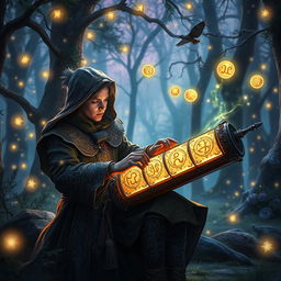 A fantastical scene showcasing a D&D character playing a rolling orphica, a unique and magical instrument, in a vibrant enchanted forest