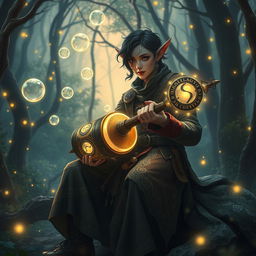 A fantastical scene showcasing a D&D character playing a rolling orphica, a unique and magical instrument, in a vibrant enchanted forest