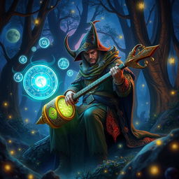 A fantastical scene showcasing a D&D character playing a rolling orphica, a unique and magical instrument, in a vibrant enchanted forest