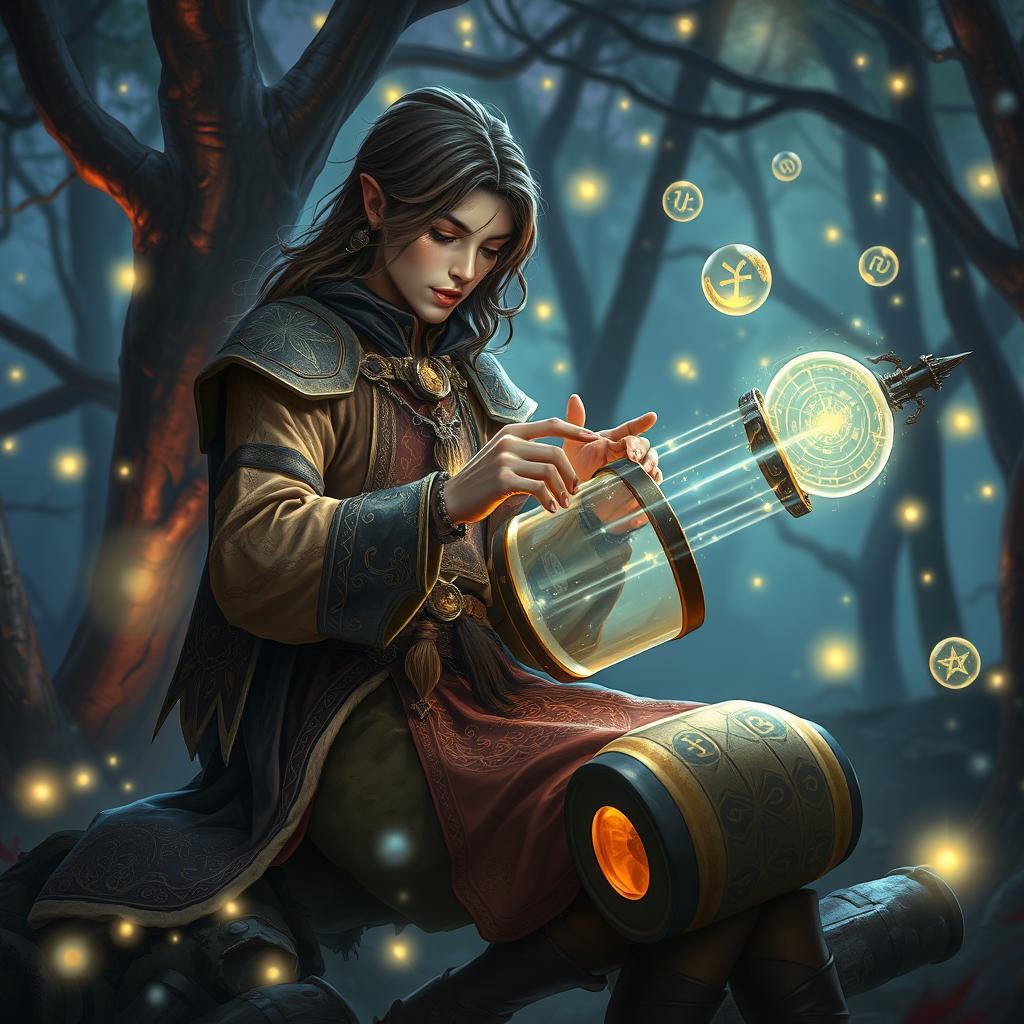 A fantastical scene showcasing a D&D character playing a rolling orphica, a unique and magical instrument, in a vibrant enchanted forest