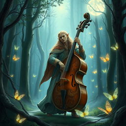 A breathtaking magical illustration of a Dungeons & Dragons scene with an elegant elf playing a bass cello