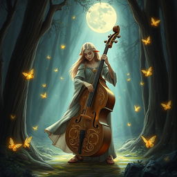 A breathtaking magical illustration of a Dungeons & Dragons scene with an elegant elf playing a bass cello