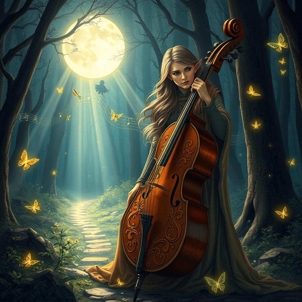 A breathtaking magical illustration of a Dungeons & Dragons scene with an elegant elf playing a bass cello