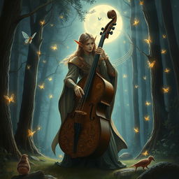 A breathtaking magical illustration of a Dungeons & Dragons scene with an elegant elf playing a bass cello