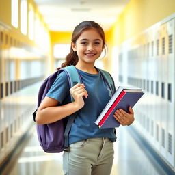 A young student standing with a backpack and holding books