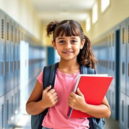 A young student standing with a backpack and holding books