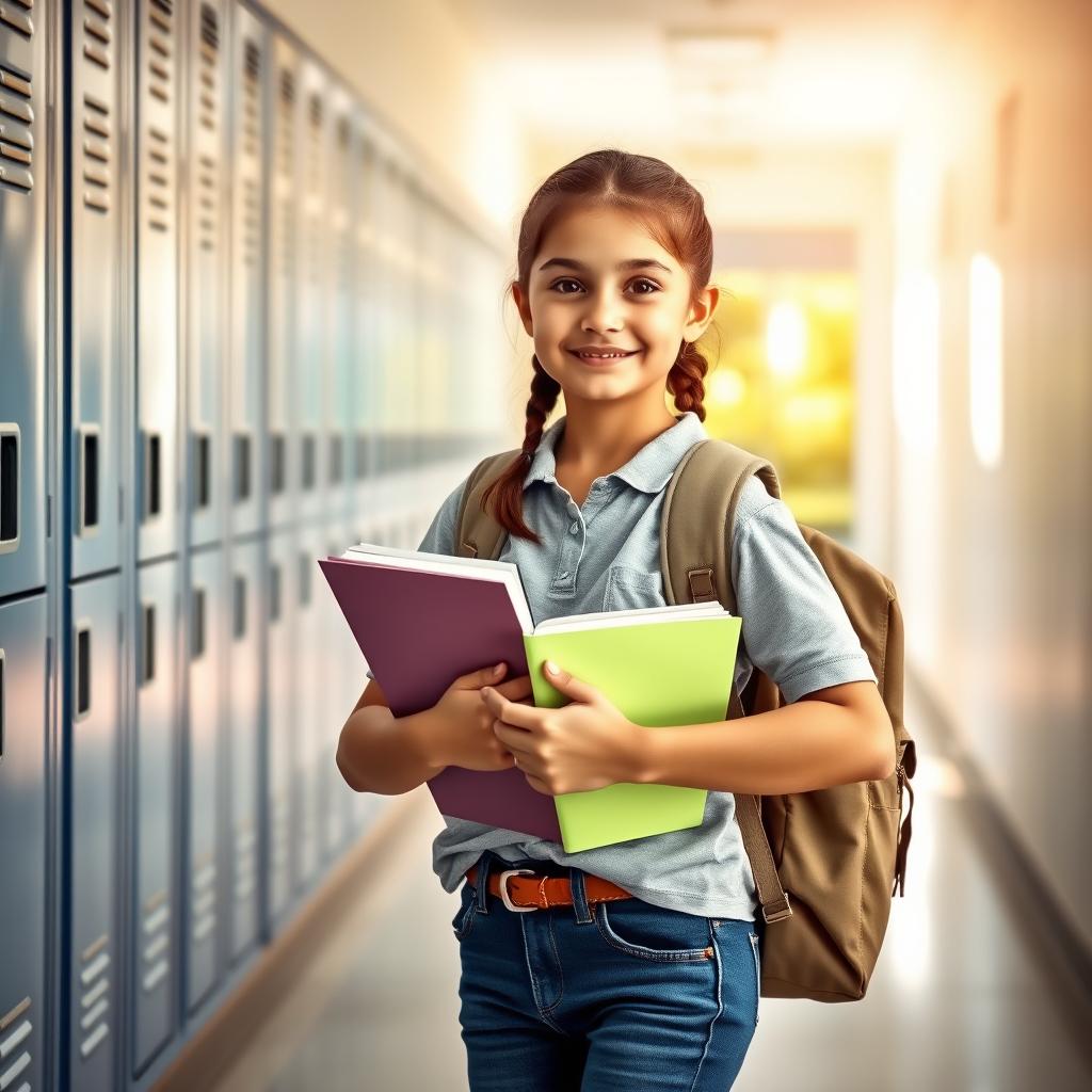 A young student standing with a backpack and holding books