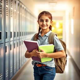 A young student standing with a backpack and holding books