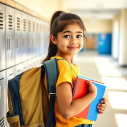 A young student standing with a backpack and holding books