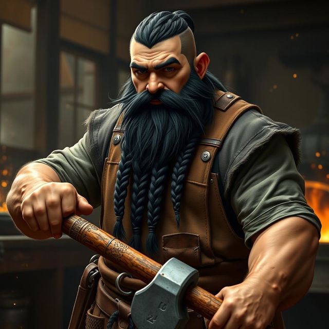 A handsome male dwarf with a robust build, featuring neat, short black hair and a long black beard intricately woven into three braids