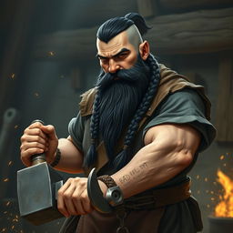 A handsome male dwarf with a robust build, featuring neat, short black hair and a long black beard intricately woven into three braids