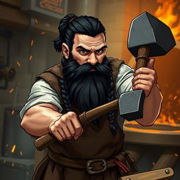 A handsome male dwarf with a robust build, featuring neat, short black hair and a long black beard intricately woven into three braids