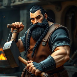 A handsome male dwarf with a robust build, featuring neat, short black hair and a long black beard intricately woven into three braids