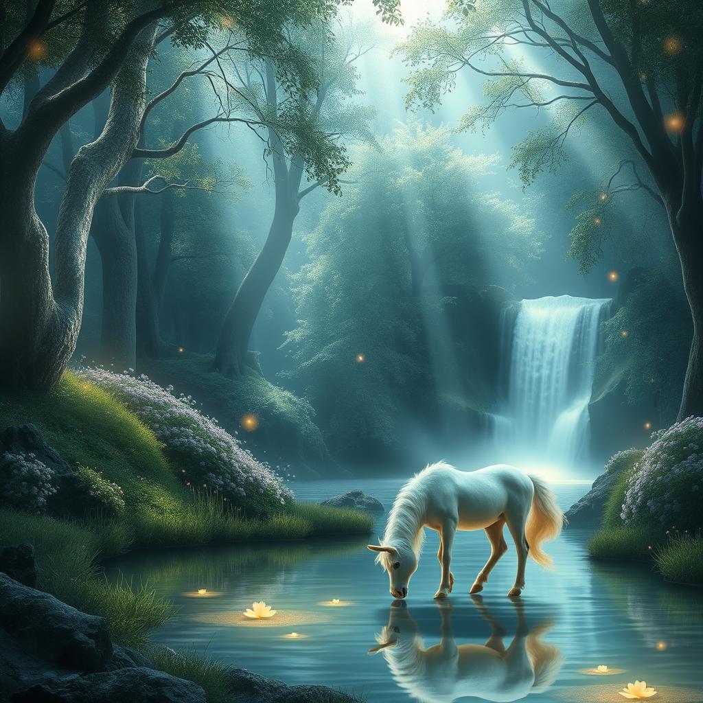 An elegant, fantasy scene featuring an enchanted forest with sparkling trees and luminescent flowers