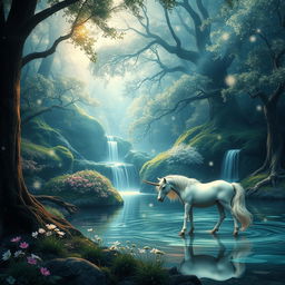 An elegant, fantasy scene featuring an enchanted forest with sparkling trees and luminescent flowers