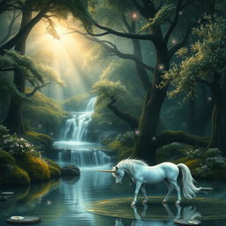 An elegant, fantasy scene featuring an enchanted forest with sparkling trees and luminescent flowers