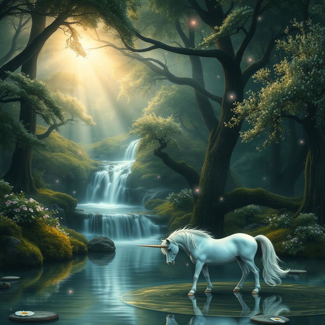 An elegant, fantasy scene featuring an enchanted forest with sparkling trees and luminescent flowers