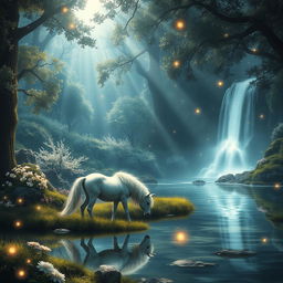 An elegant, fantasy scene featuring an enchanted forest with sparkling trees and luminescent flowers