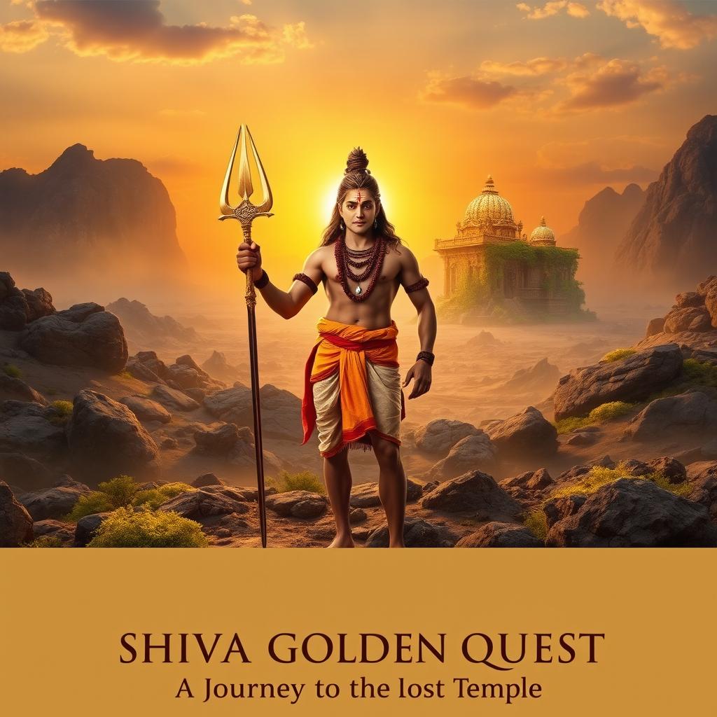 A majestic scene depicting the Hindu god Shiva standing proudly in front of a vast, rocky terrain, with a shimmering golden temple in the distance