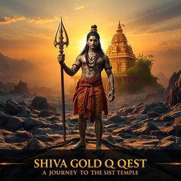 A majestic scene depicting the Hindu god Shiva standing proudly in front of a vast, rocky terrain, with a shimmering golden temple in the distance