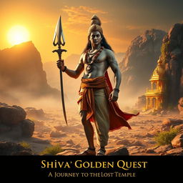 A majestic scene depicting the Hindu god Shiva standing proudly in front of a vast, rocky terrain, with a shimmering golden temple in the distance