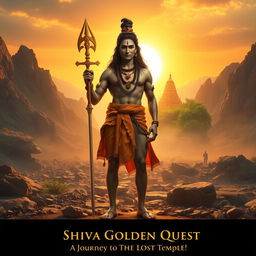 A majestic scene depicting the Hindu god Shiva standing proudly in front of a vast, rocky terrain, with a shimmering golden temple in the distance