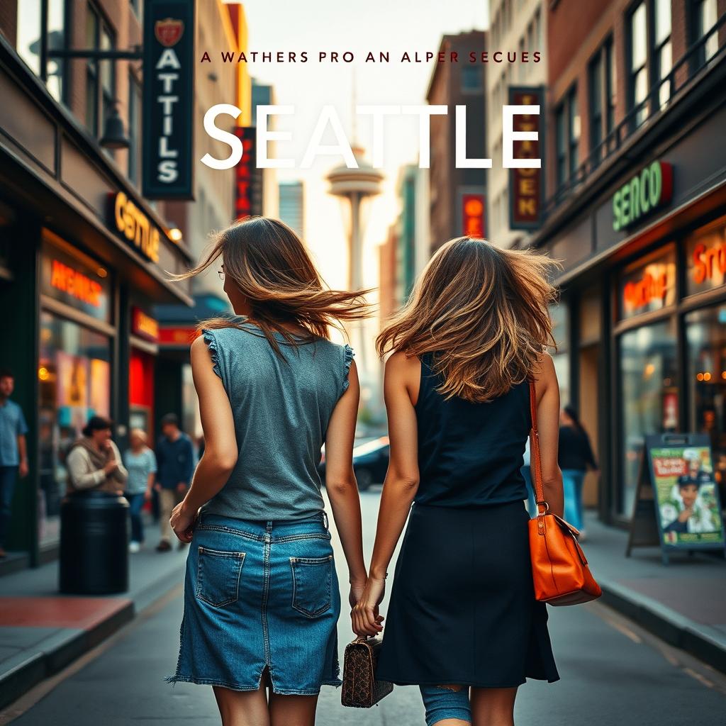 A captivating book cover featuring two women walking away from each other in Seattle, each heading in different directions amidst a bustling urban environment