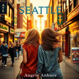 A captivating book cover featuring two women walking away from each other in Seattle, each heading in different directions amidst a bustling urban environment