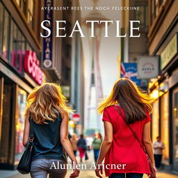 A captivating book cover featuring two women walking away from each other in Seattle, each heading in different directions amidst a bustling urban environment