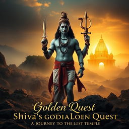 In a mystical landscape, Lord Shiva stands majestically in front of a vast, rocky terrain