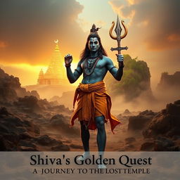 In a mystical landscape, Lord Shiva stands majestically in front of a vast, rocky terrain