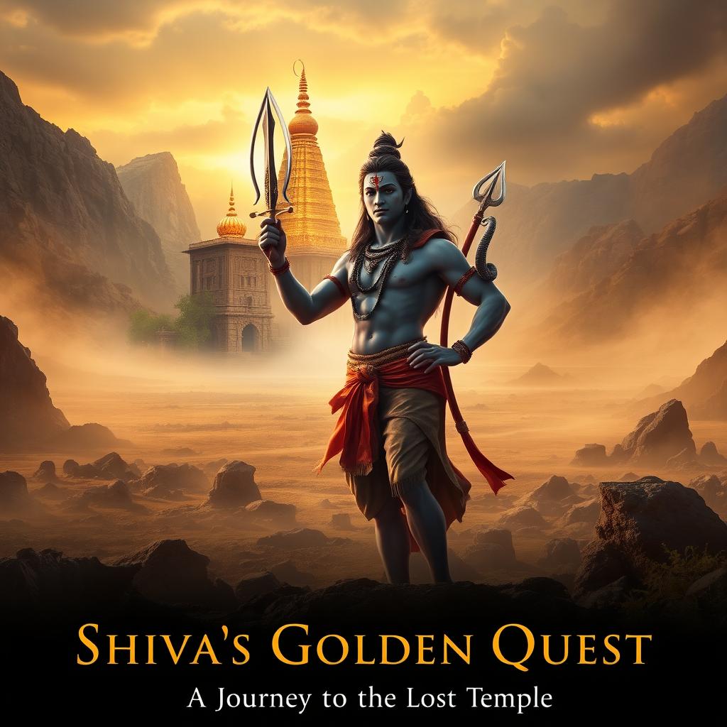 In a mystical landscape, Lord Shiva stands majestically in front of a vast, rocky terrain