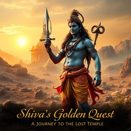 In a mystical landscape, Lord Shiva stands majestically in front of a vast, rocky terrain