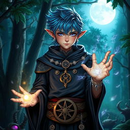 A young male high elf wizard with striking blue hair and captivating purple eyes