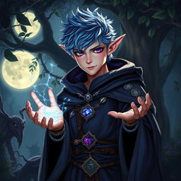 A young male high elf wizard with striking blue hair and captivating purple eyes