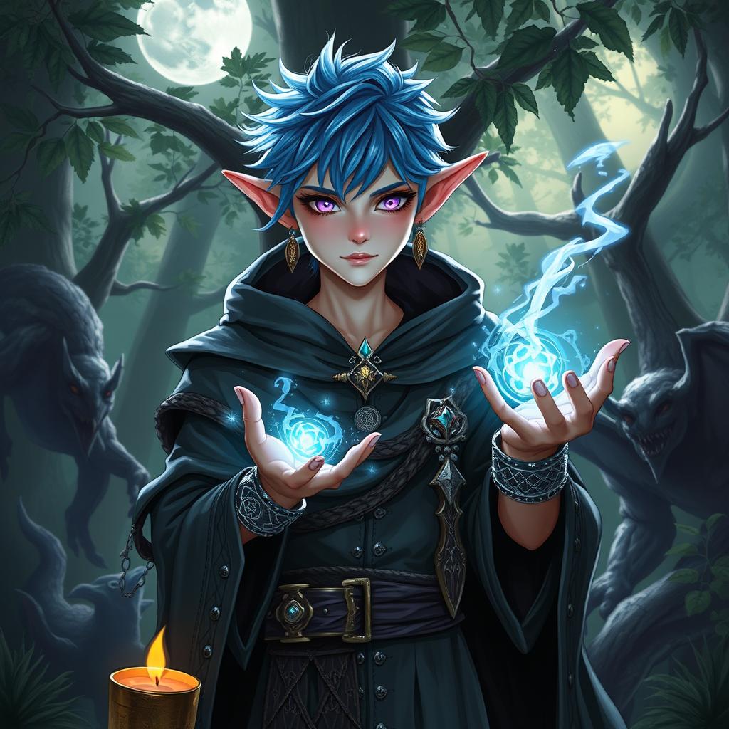 A young male high elf wizard with striking blue hair and captivating purple eyes