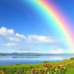 A serene landscape showcasing a vibrant rainbow arcing across a clear blue sky