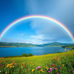 A serene landscape showcasing a vibrant rainbow arcing across a clear blue sky