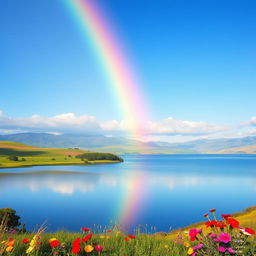 A serene landscape showcasing a vibrant rainbow arcing across a clear blue sky