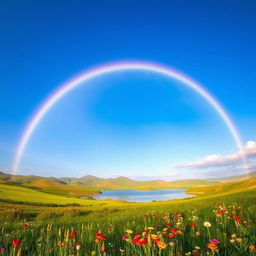 A serene landscape showcasing a vibrant rainbow arcing across a clear blue sky