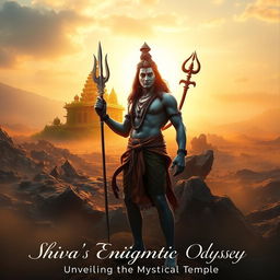 In a mystical landscape, Lord Shiva stands majestically in front of a vast, rocky terrain